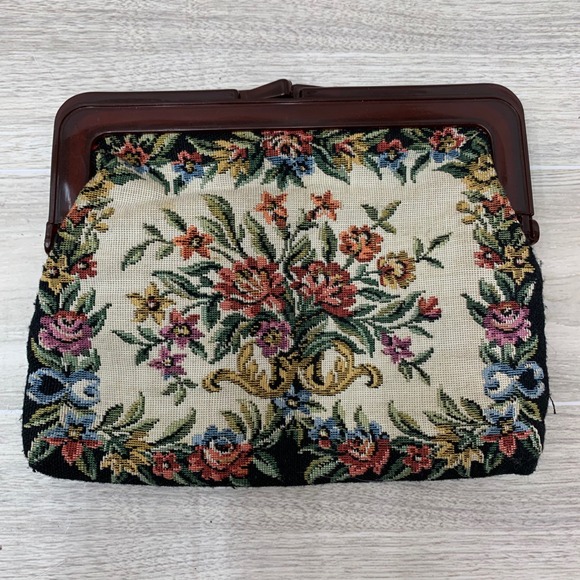 Vintage Floral Tapestry Frame Clutch Bag Faux Tortoise Shell Kiss Lock Black
